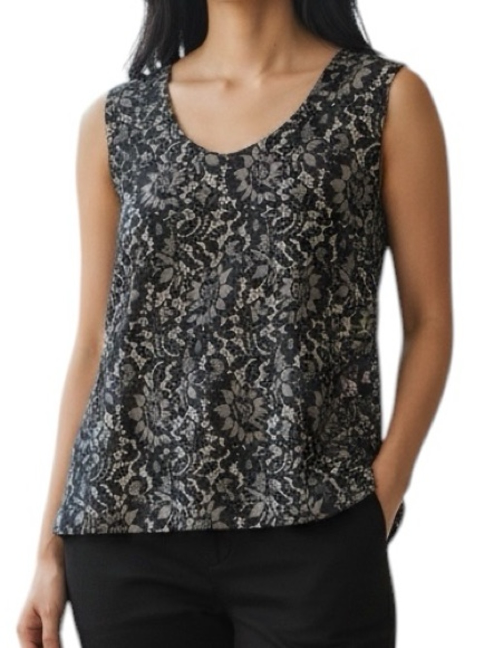 Vintage Northern Traditions Sleeveless Lace Overlay Look Top Black Tan Size L